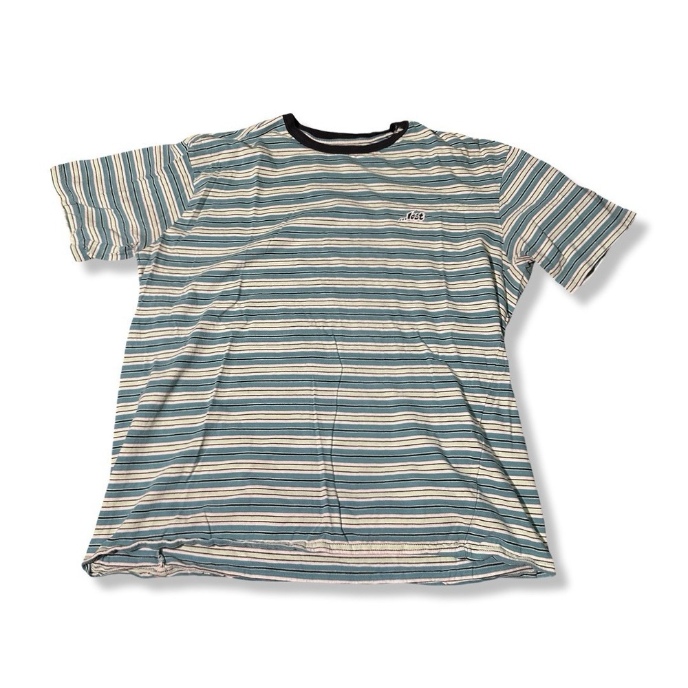 Vintage 90's Y2K Lost Enterprises Men's Blue Striped Skate T-Shirt Size Large